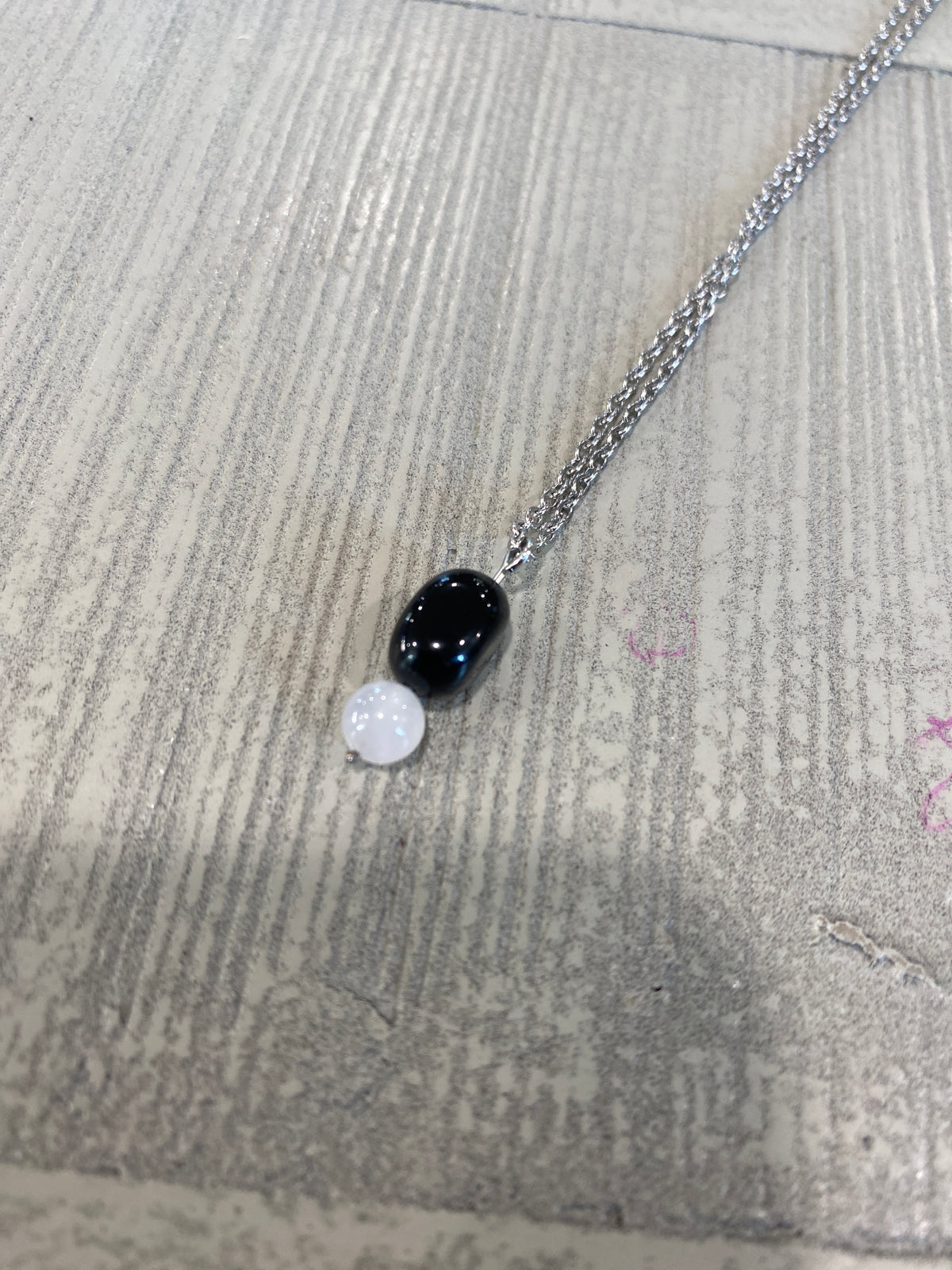 Obsidian & Rose Quartz Necklace with Silver Chain (Local Vendor V-07)