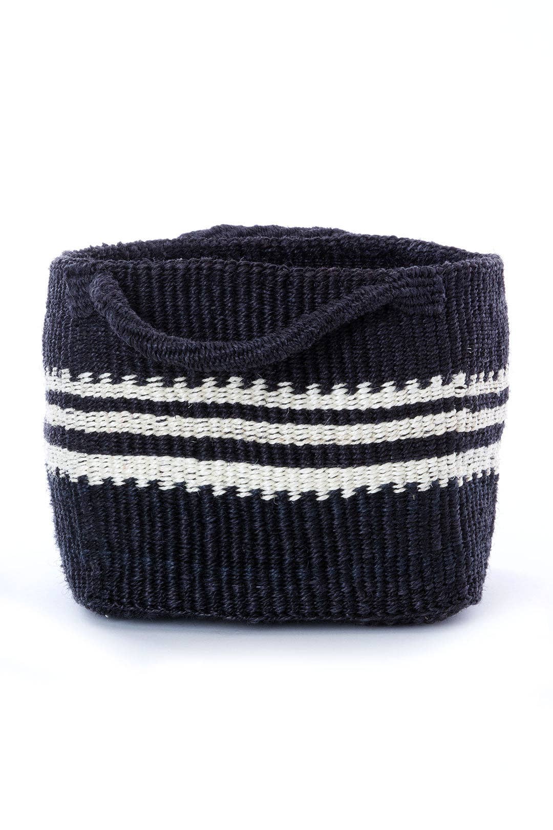 Black Square Bottom Sisal Basket with White Stripes
