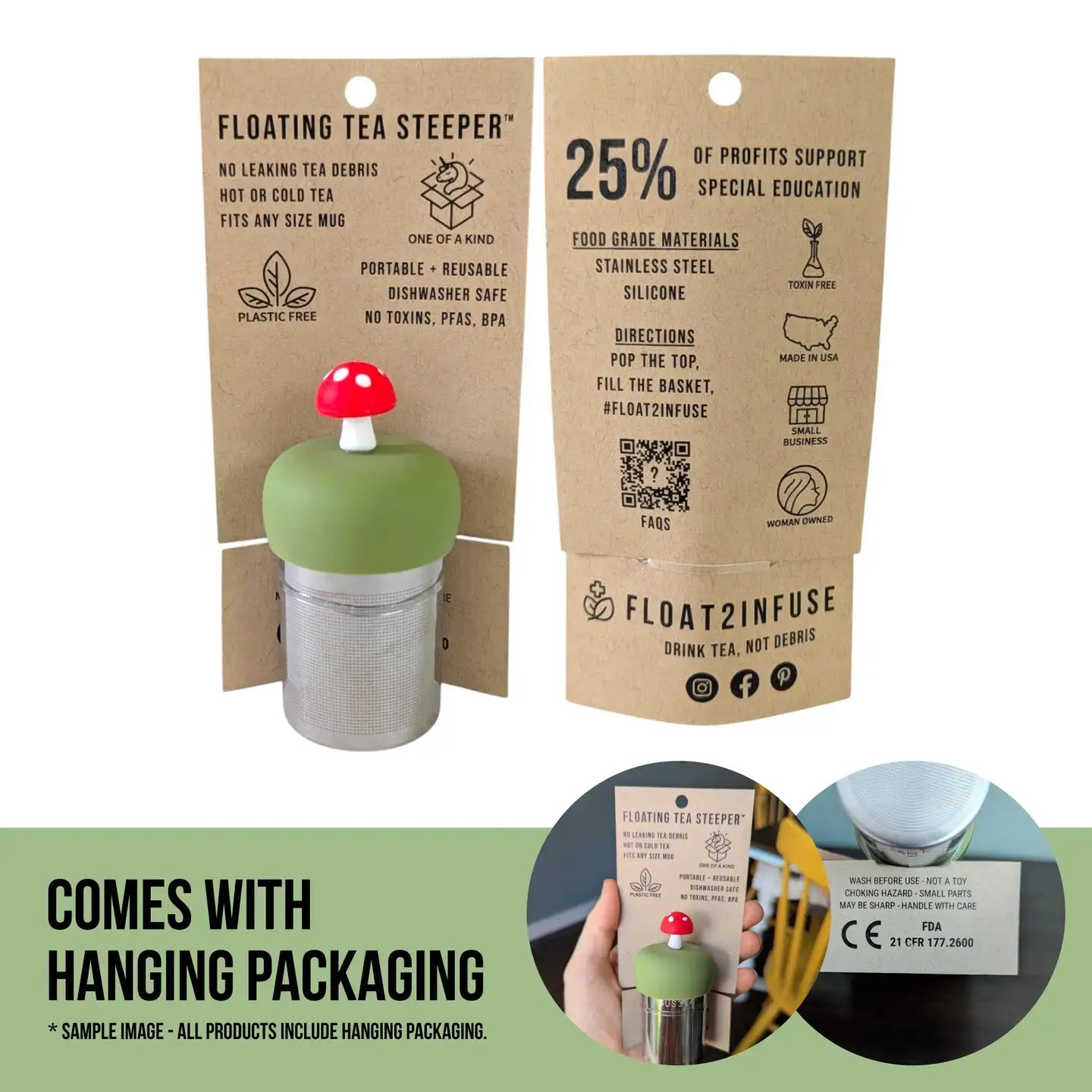 Mushroom | Floating Tea Steeper | Grey Base | Red