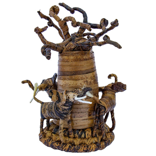 Banana Fiber Elephants Circling a Baobab Tree