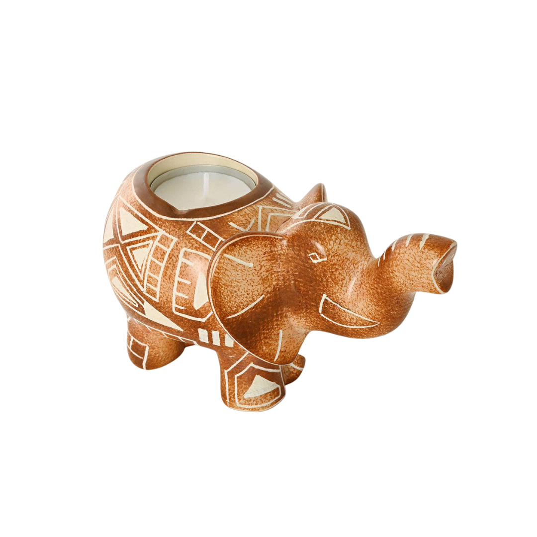 Sepia Geometric Elephant Soapstone Candle Holder