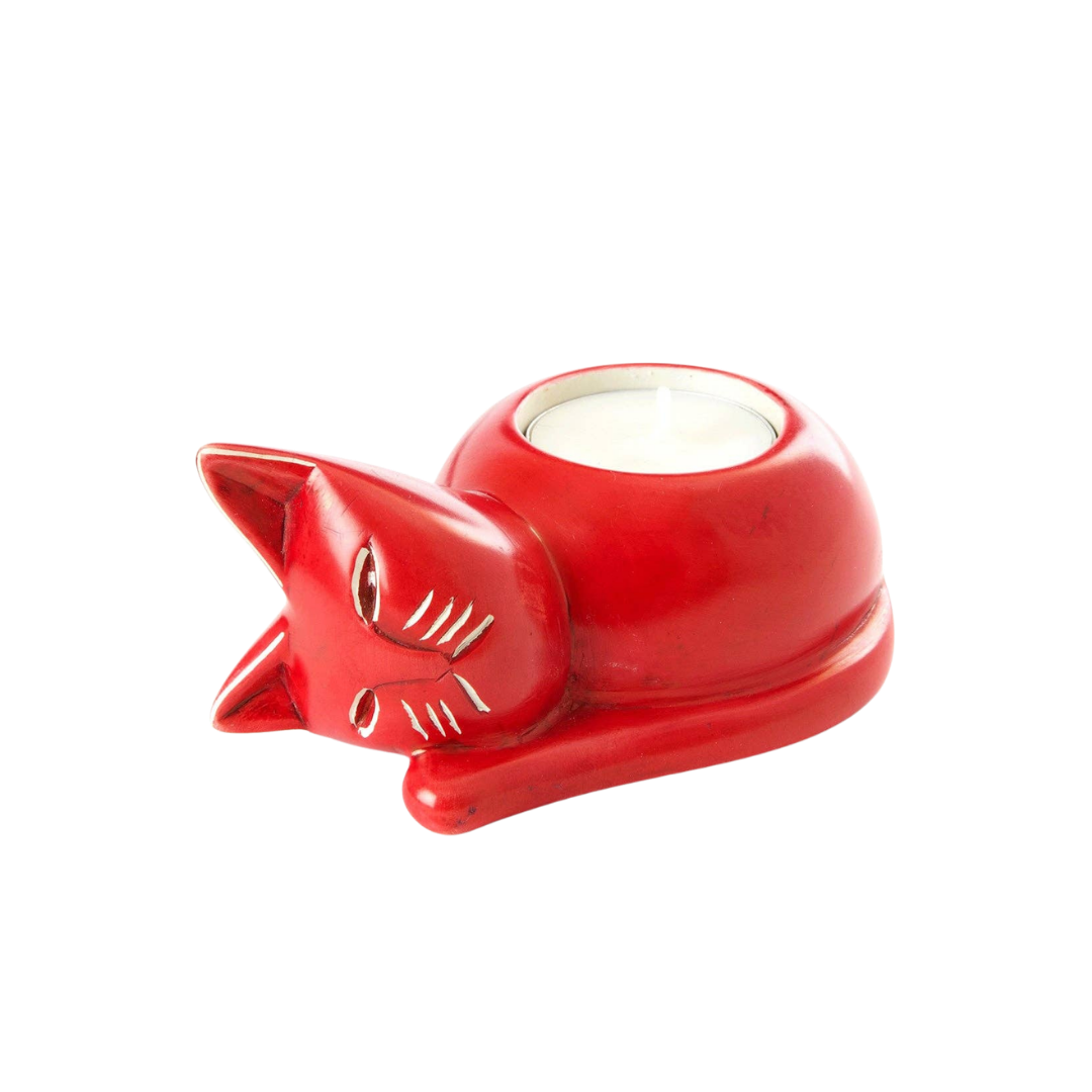 Red Soapstone Cozy Cat Tea Light Candle Holder