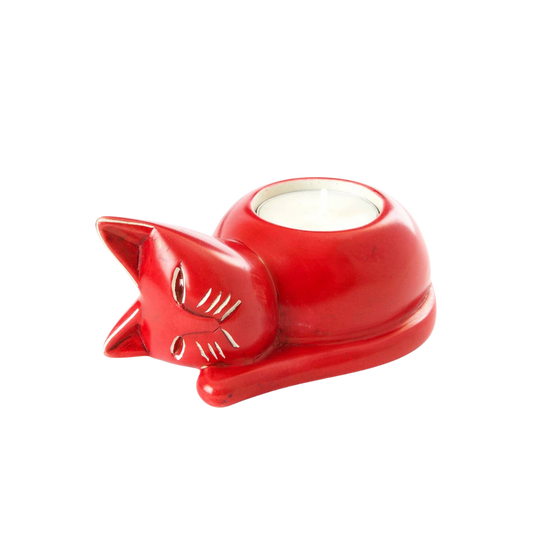 Red Soapstone Cozy Cat Tea Light Candle Holder