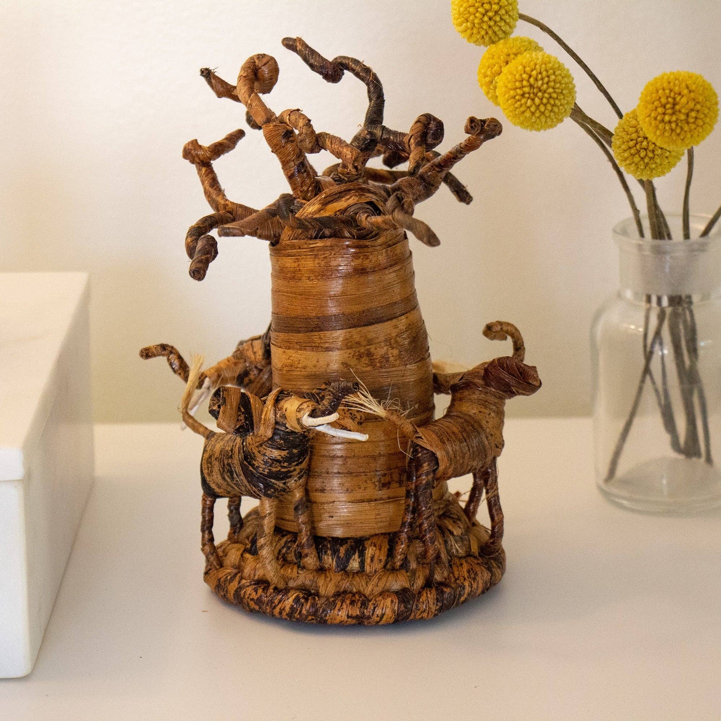 Banana Fiber Elephants Circling a Baobab Tree