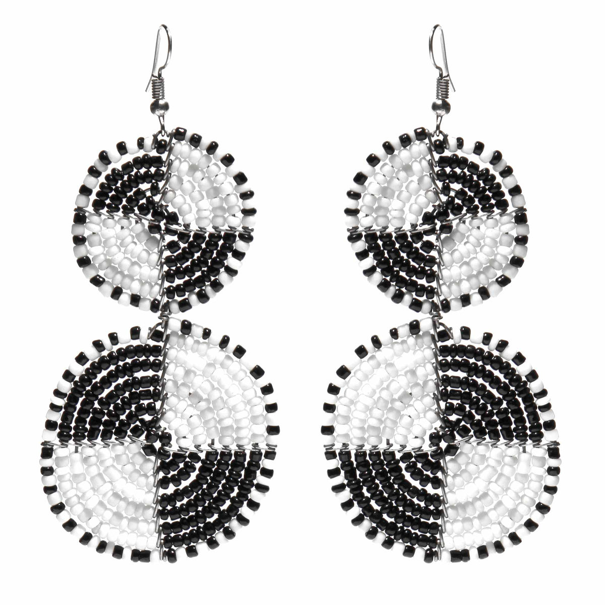 Maasai Bead Double Circle Dangle Earrings, White and Black