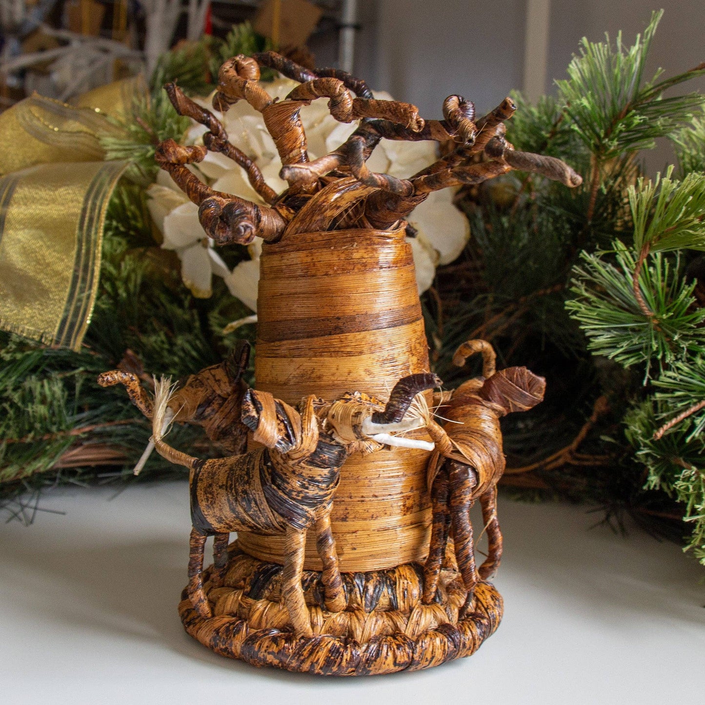 Banana Fiber Elephants Circling a Baobab Tree